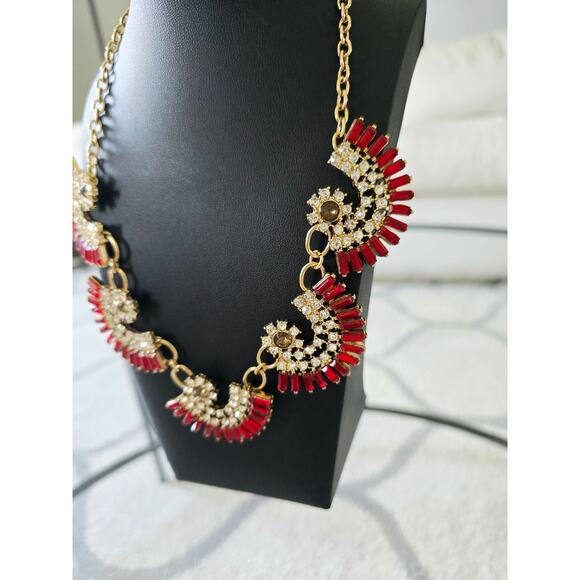 Gold Red Geometric Rhinestone Necklace New - Picture 2 of 3